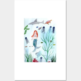 Cute Mermaid Watercolor Illustration Posters and Art